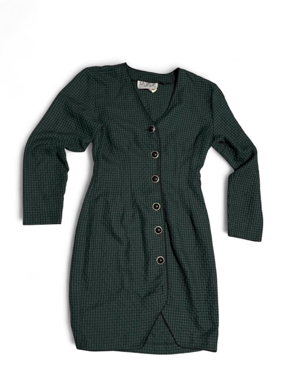 Vintage Forest Green Button-Front Long Sleeve Dress